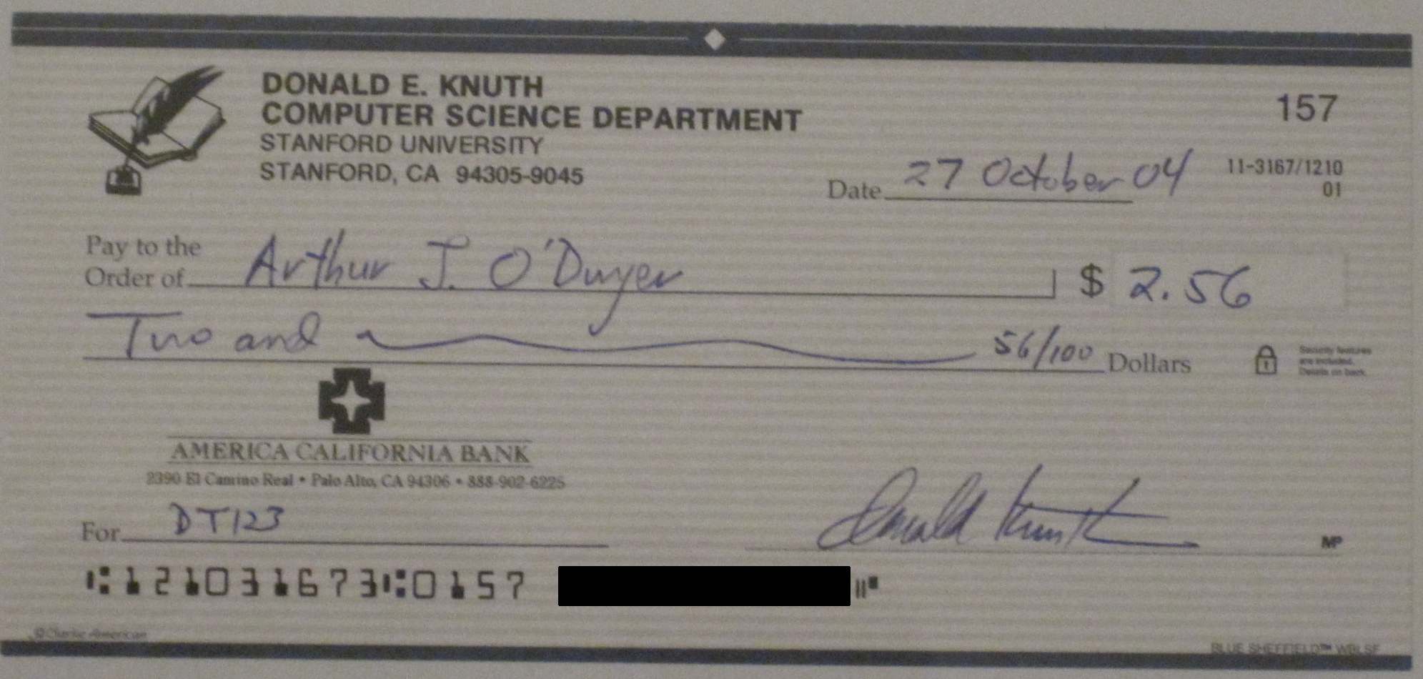 Donald Knuth Prize Check